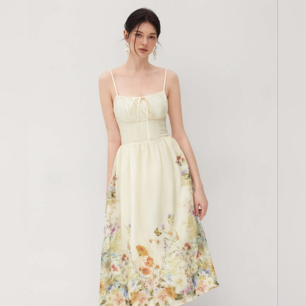 Cider Square Neck Watercolor Floral Shirred Midi Dress